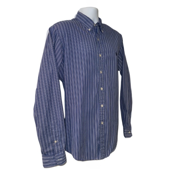 Ralph Lauren Custom Fit Dress Shirt Men’s M Navy Blue Multi-Stripe Button Down - Picture 2 of 9